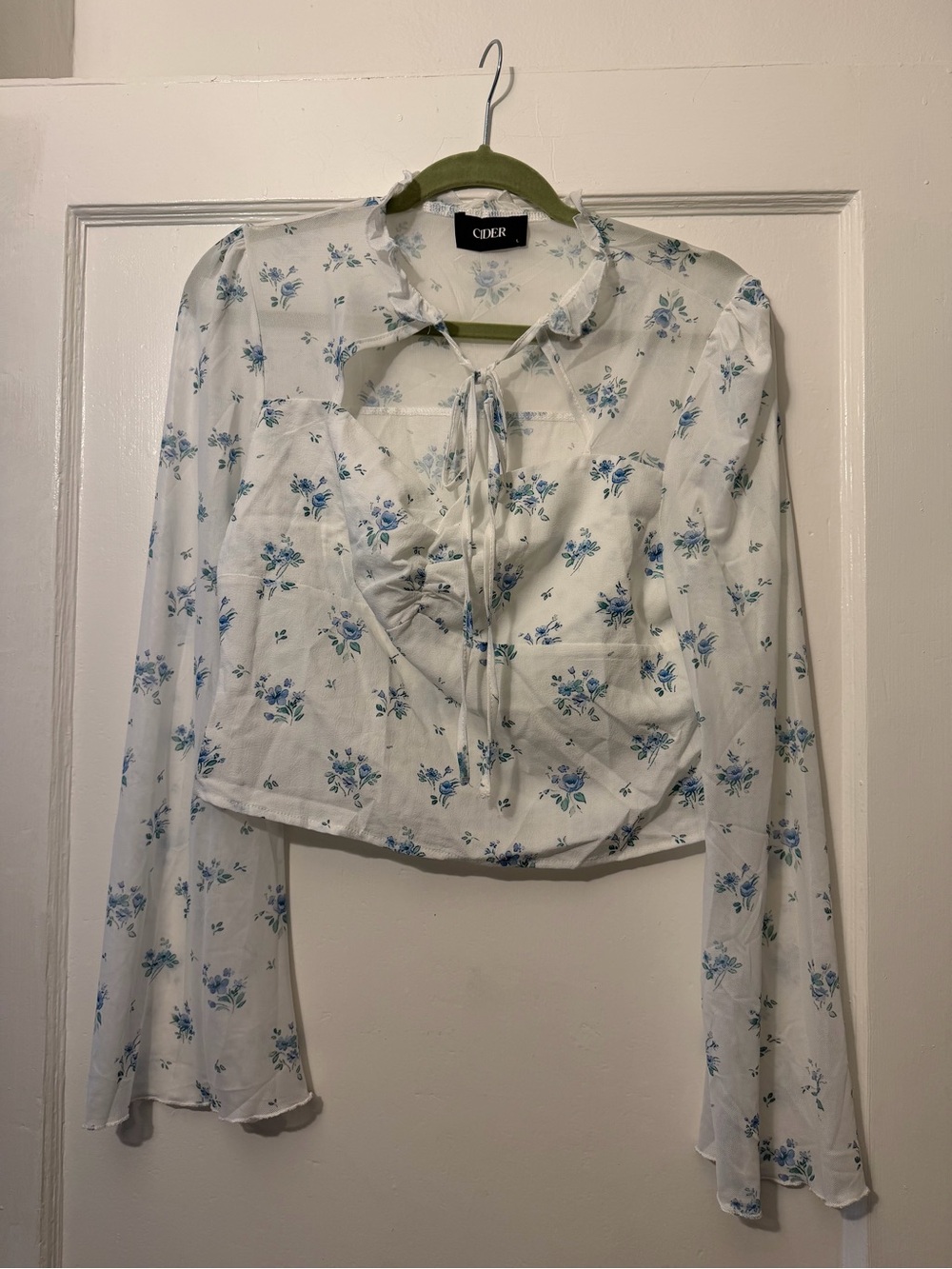 Cider White Blue Floral Tie-Front Long Sleeve Blouse